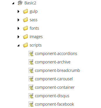 A screenshot of the Basic2 theme from Sitecore SXA with the "scripts" folder expanded.