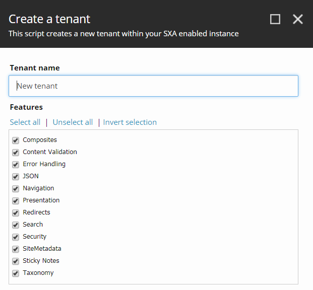 A Sitecore SXA screenshot of the option to "Create a tenant" and all of the available options when creating it.