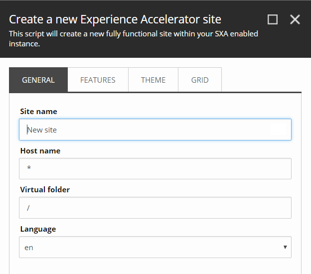 A Sitecore SXA screenshot showing the option to create a new Experience Accelerator site, and all of the available options for creating it.