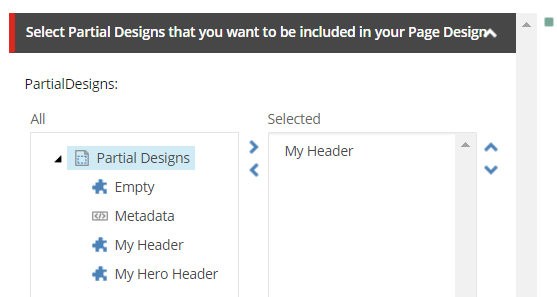 A Sitecore SXA screenshot where it says to "Select Partial Designs that you want to be included in your Page Design" and displays all of the potential options for page designs.
