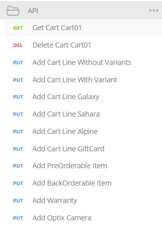 A screenshot of an API folder with Get, Delete, and Put Ecommerce commands. 