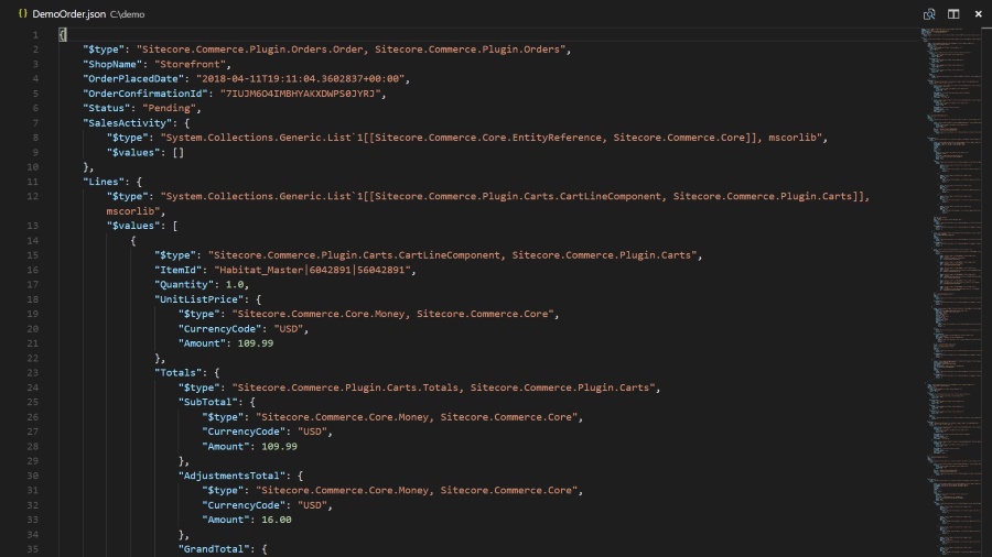 A screenshot of code for DemoOrder.json.
