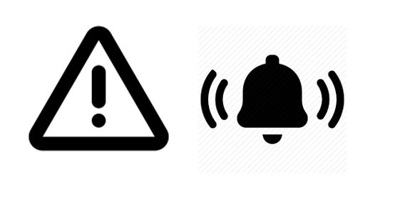 Alert icons that show a triangular sign with an exclamation point and a bell with lines that make it look like it's ringing.