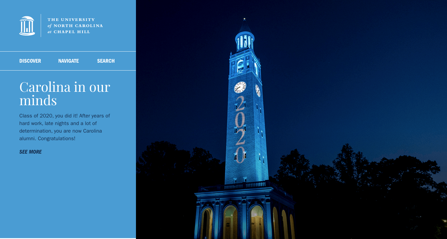 A screenshot of the University of North Carolina at Chapel Hill's homepage with a simple navigation and message to the class of 2020.
