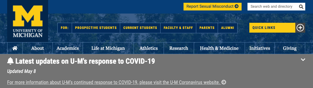 A screenshot of a banner on University Michigan's homepage with the latest updates on U-M's response to COVID-19.