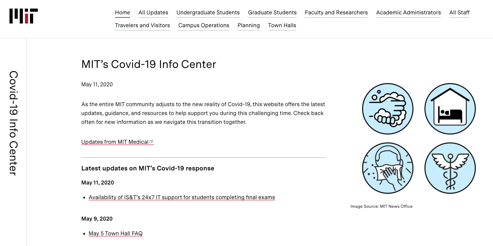 A screenshot of COVID-19 updates from MIT's Covid-19 Info Center on its website.