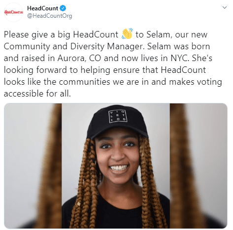 A tweet from HeadCount introducing Selam, their new Community and Diversity Manager.