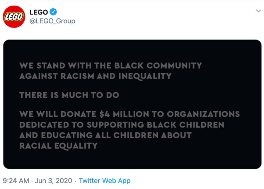A tweet from LEGO supporting the Black community and announcing a $4 million donation to organizations that help Black children and educate all children about racial equality.