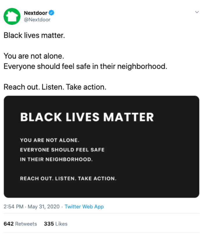 A tweet from Nextdoor stating that Black Lives Matter.