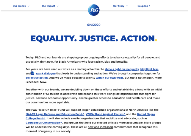 A screenshot of a public statement from Proctor & Gamble from June 4, 2020 titled "Equity. Justice. Action."