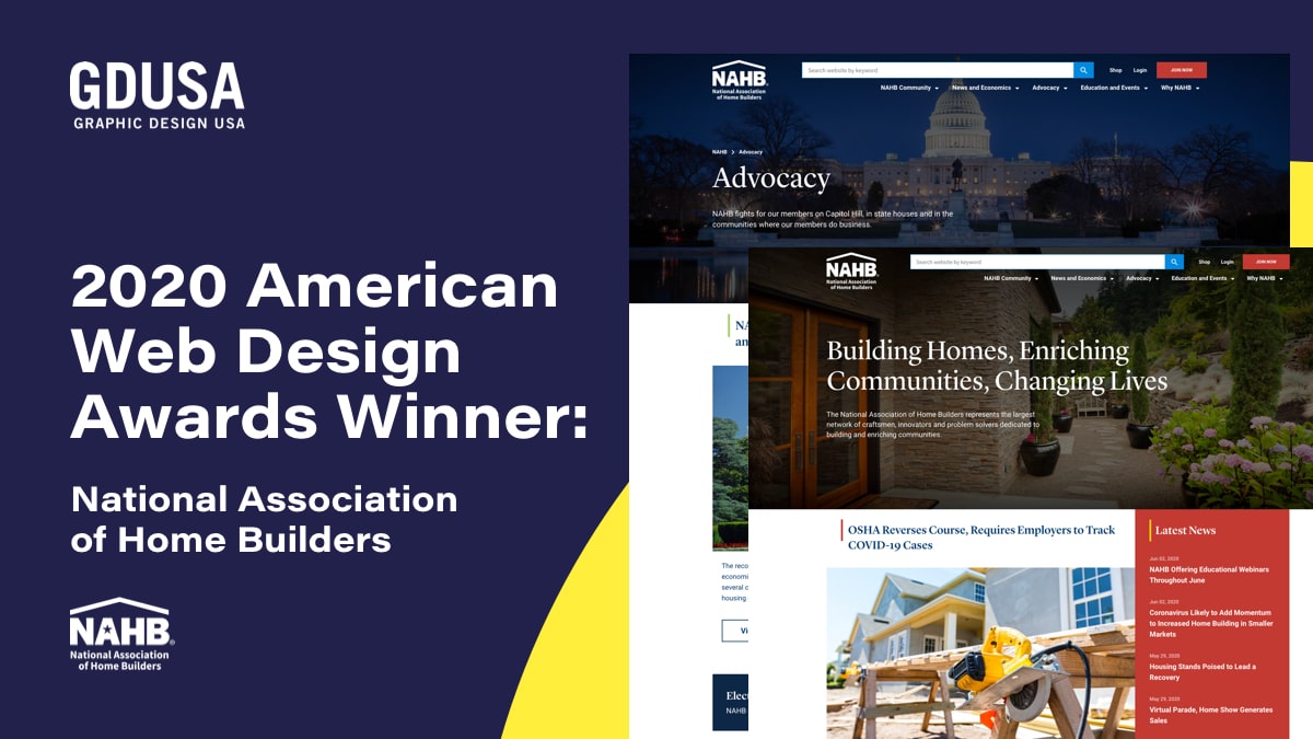 A graphic showing that National Association of Homebuilders (NAHB) was a 2020 American Web Design Awards Winner with screenshots of NAHB's website.