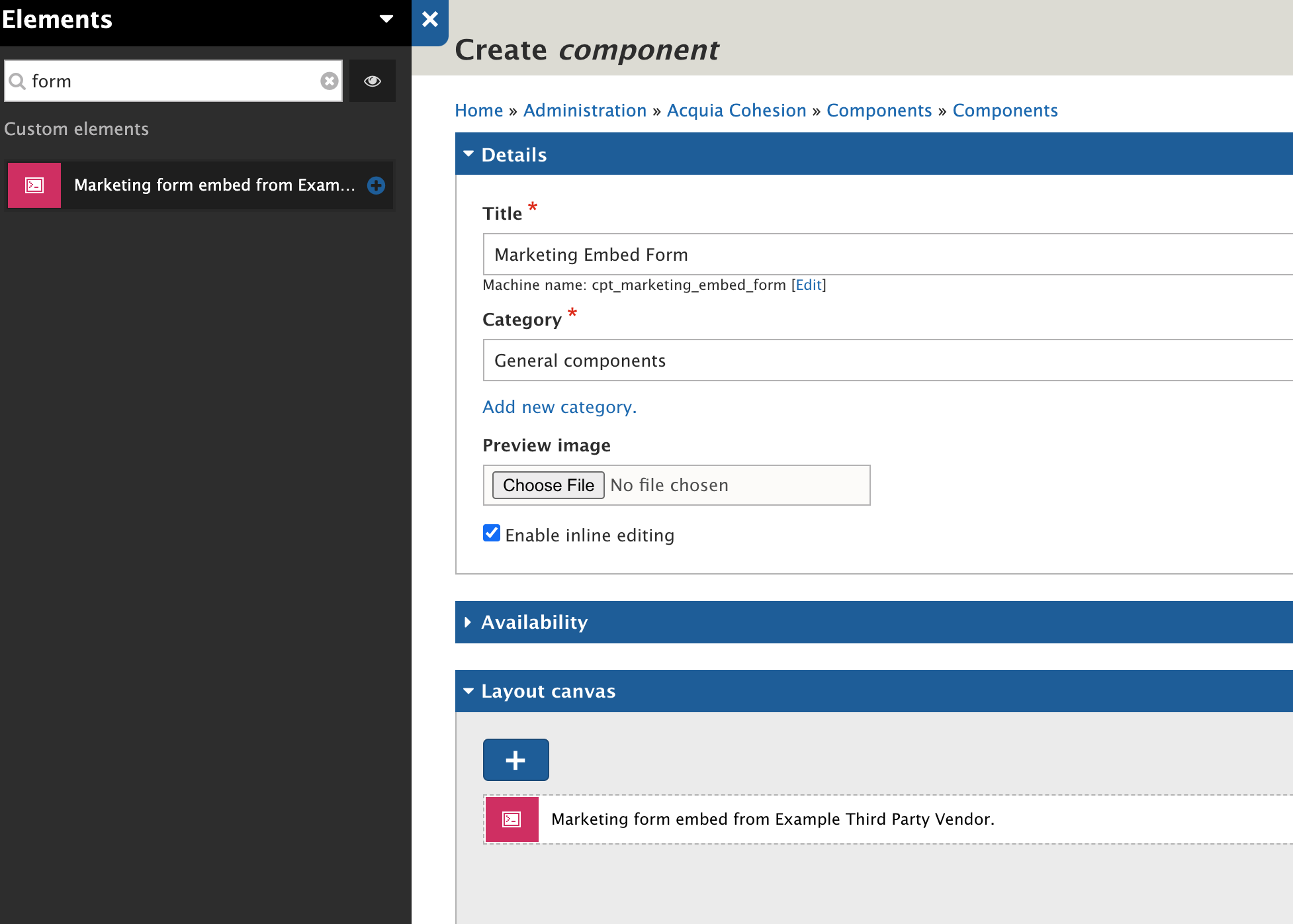 A screenshot of the "Create component" window in Acquia showing how you could create a Marketing Embed Form.