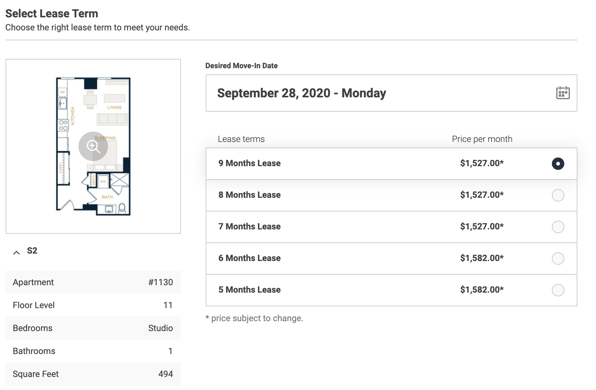 A screenshot of functionality to select an apartment lease term with a floor plan, a desired move-in date, and radio buttons for different lease terms ranging from 9 months to 5 months.