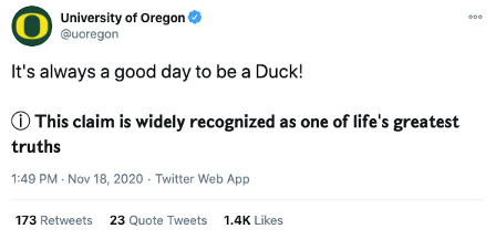 A University of Oregon tweet uses a playful tone to get gather excitement from alumni and students alike.  