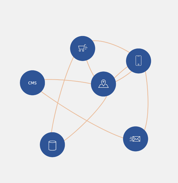 A tangled web of lines connected to multiple data sources in blue circles, which are represented by icons for CMS, mobile, Ecommerce, locations, and email.