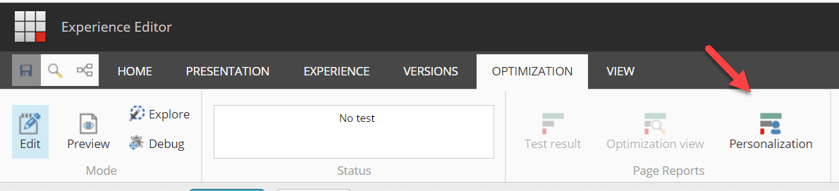A screenshot from the "Optimization" tab from Sitecore's Experience Editor with an arrow pointing to the "Personalization" icon.