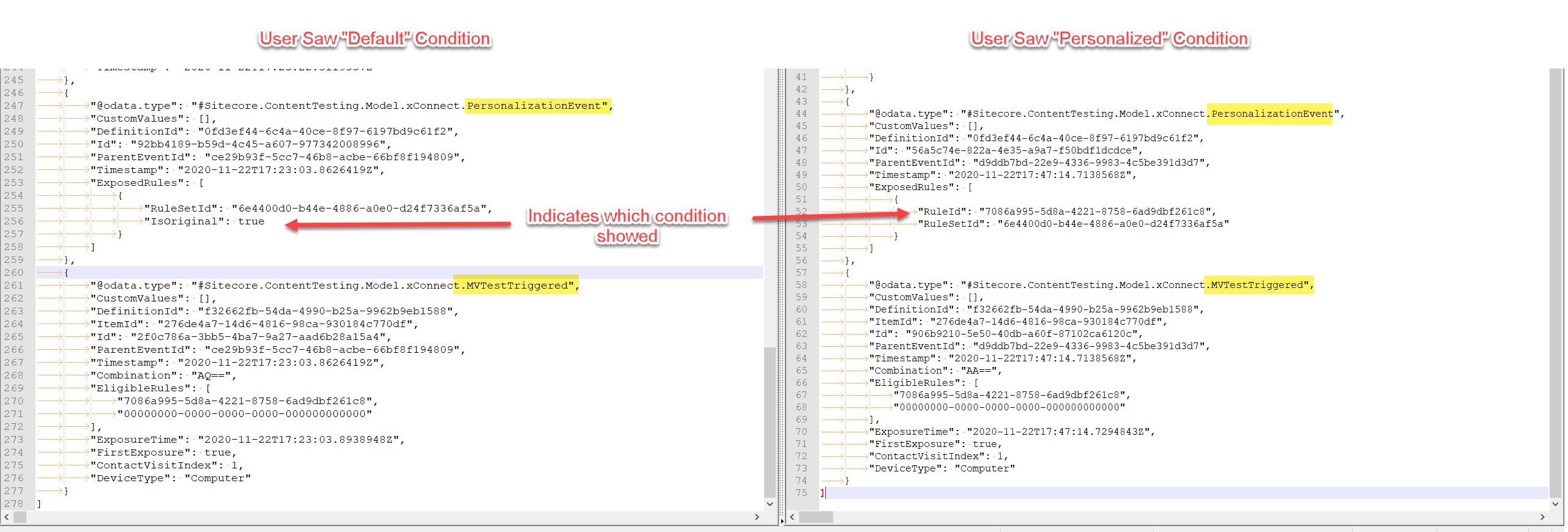 A screenshot of two sets of page code. One where you can see a user who received the default condition which has an "Exposed Rules" section that includes the attribute "IsOriginal: true" and the other where the same section lists rule IDs from Sitecore.