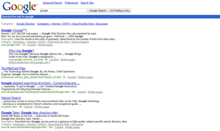A screenshot of classic Google Search Results showing the results of a search for the word "google".