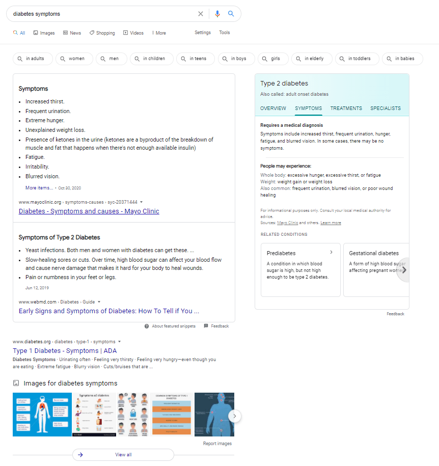 A screenshot of dynamic search results in Google Search based on the query "diabetes symptoms".