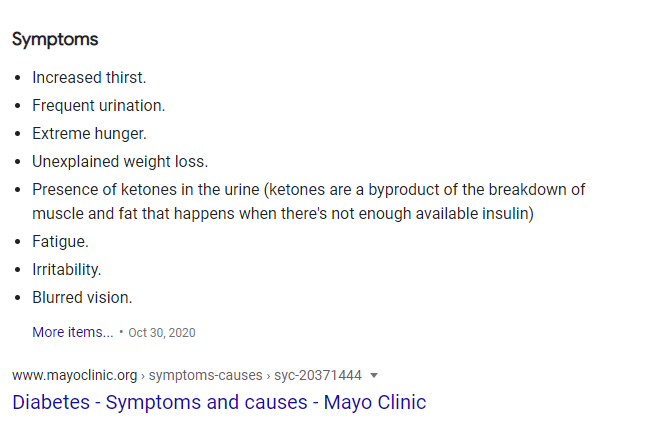 A screenshot of diabetes symptoms in a Google search that are provided by the "Medical Condition" schema markup.