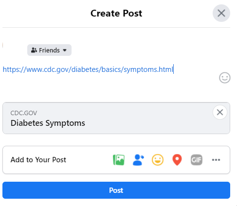 A sample Facebook status update that hasn't been posted yet but contains a link from the CDC on diabetes symptoms, which doesn't have Open Graph tags, so it doesn't provide a preview image.