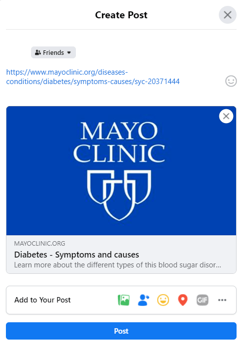A sample Facebook status update that hasn't been posted yet but contains a link on diabetes from the Mayo Clinic, which displays with a preview image because the page has Open Graph tags.