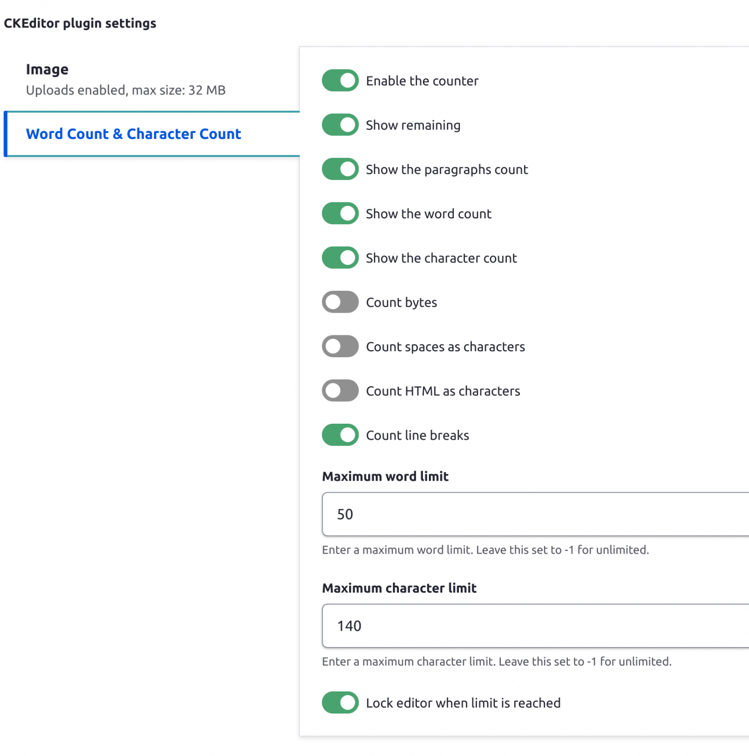 A screenshot of CKEditor options for word and character count in Drupal 9.