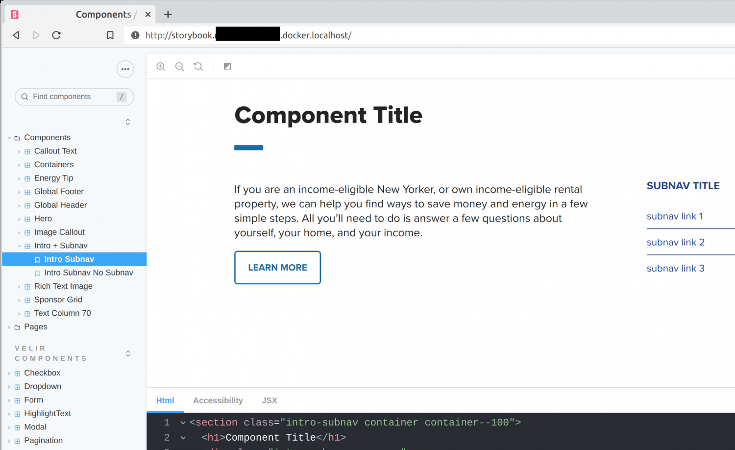 A screenshot of what it looks like to edit Storybook components in Docker using a web browser.