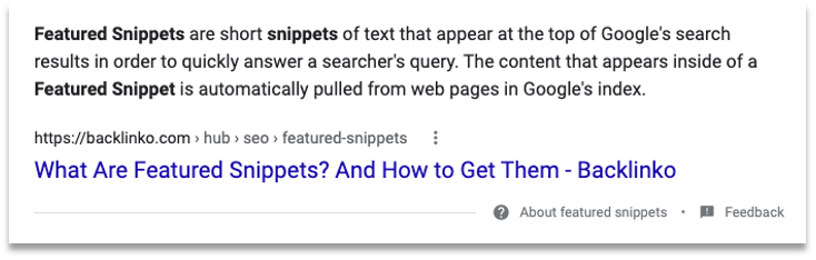 A featured snippet from a Google search which defines featured snippets.