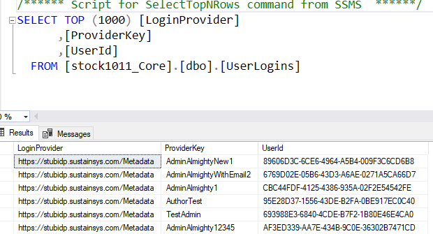 A screenshot which shows how a LoginProvider maps values for ProviderKey and UserId.