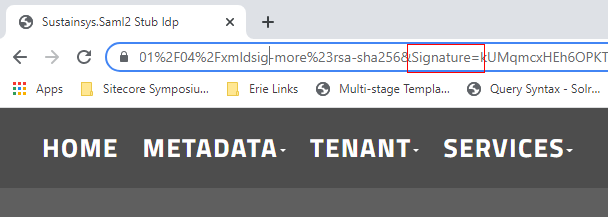 A screenshot of a browser address bar where you can see “Signature=” highlighted in a URL request from an Identity Provider. 