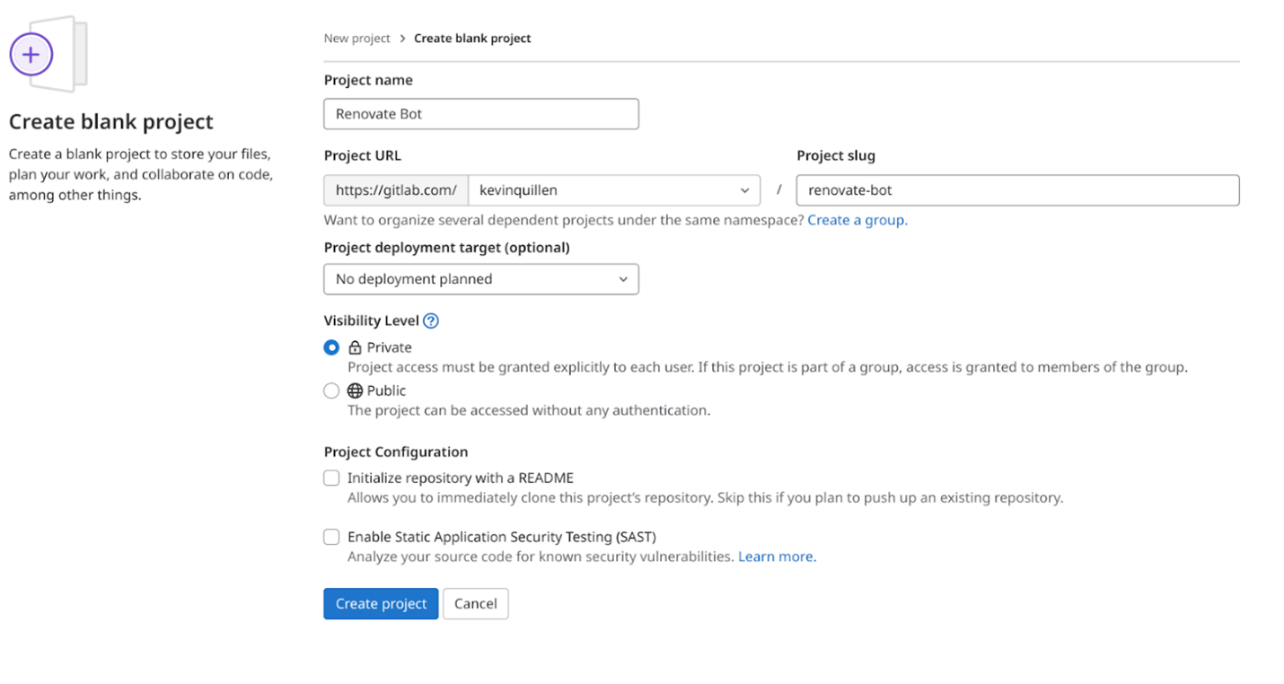 The “Create blank project” screen in Gitlab, where a new project is being created to run Renovate. 