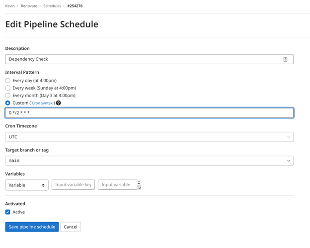 A screenshot of the “Edit Pipeline Schedule” screen where the “Interval Pattern is set to “0*/2***” which means that it will run every two hours.