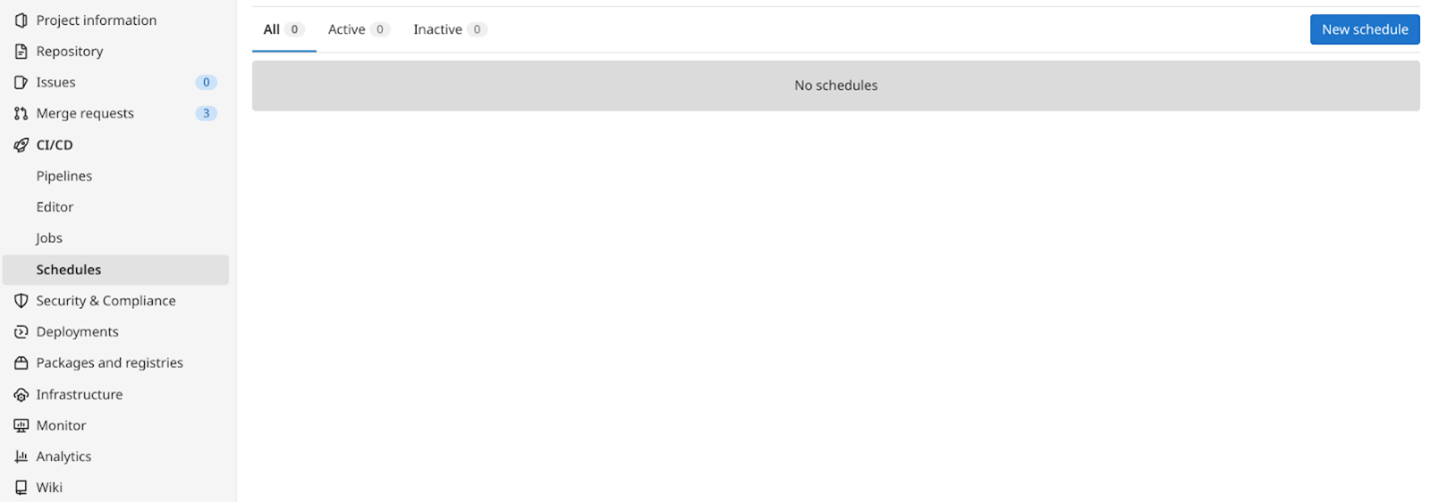 A screenshot of the “Schedules” section under “CI/CD” in a GitLab project, which shows there are no schedules, and a button that says, “New Schedule”. 