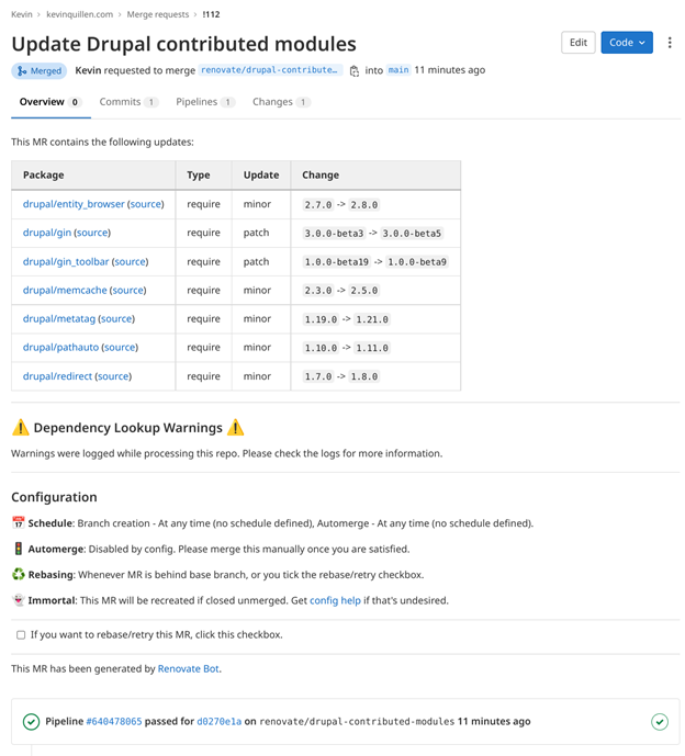 A GitLab screenshot of available updates for Drupal contributed modules and information about merging them.