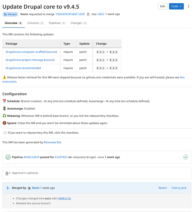 A GitLab screenshot of automerged updates for Drupal core. 