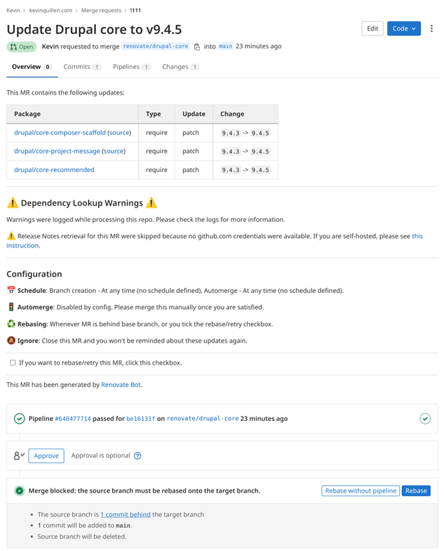 A GitLab screenshot of available updates for Drupal core and information about merging them.