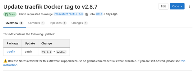 A GitLab screenshot showing that Traefik has been updated.