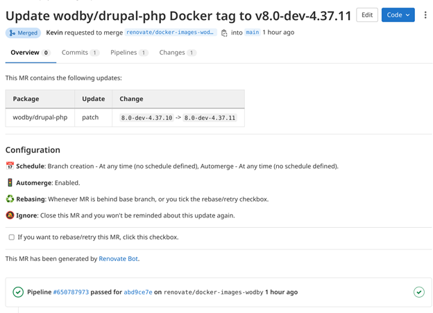 A GitLab screenshot of a completed update to wodby, a Docker tag. 
