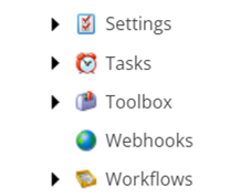 A screenshot from the Sitecore 10.3 content tree with options for Settings, Tasks, Toolbox, Webhooks, and Workflows.