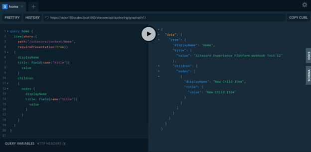 A screenshot from Sitecore’s GraphQL IDE showing example data Sitecore might receive from a request.
