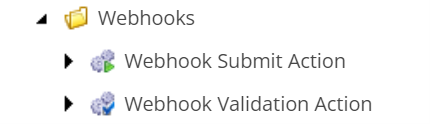 A screenshot of a folder in Sitecore 10.3 called “Webhooks” with the subitems “Webhook Submit Action” and “Webhook Validation Action”. 