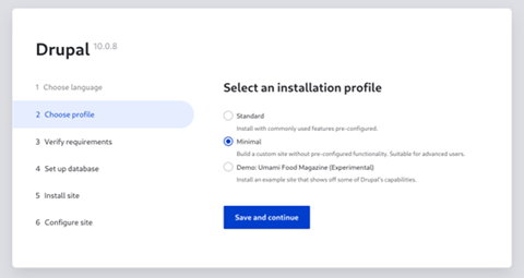 A screenshot from Drupal 10 where you need to select an installation profile, and the radio button for “Minimal” is selected.