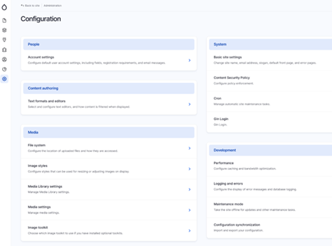 A screenshot of the Configuration section from Drupal showing the Gin theme.