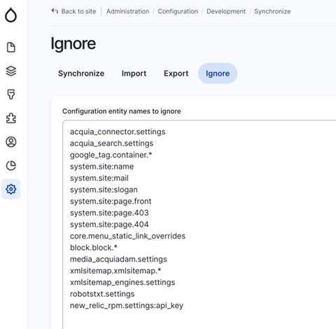 A screenshot of the Ignore section with configuration entity names to ignore listed. 