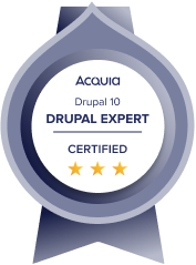 A badge that says “Acquia Drupal 10 Drupal Expert Certified” with three stars underneath the text. 