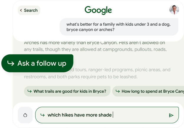 SGE's conversational mode with the question "What's better for a family with kids under 3 and a dog, Bryce Canyon or Arches."