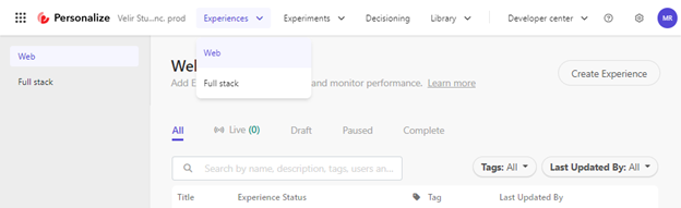 Screenshot of Sitecore Personalize with "Web" selected from the Experiences dropdown menu.